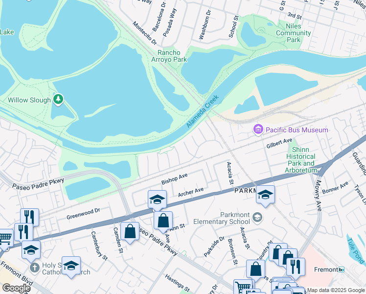 map of restaurants, bars, coffee shops, grocery stores, and more near 37793 Peachtree Court in Fremont