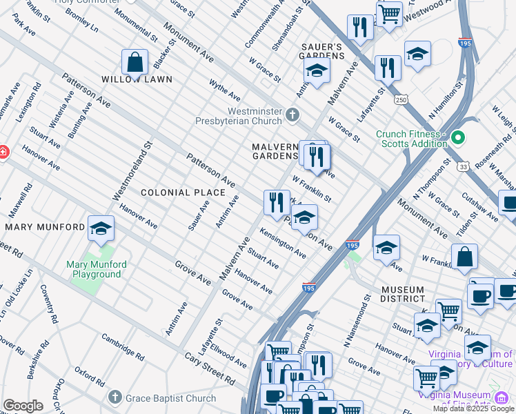 map of restaurants, bars, coffee shops, grocery stores, and more near 4103 Patterson Avenue in Richmond