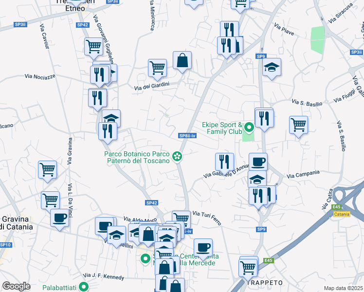 map of restaurants, bars, coffee shops, grocery stores, and more near 65 Via Roma in Sant'Agata li Battiati