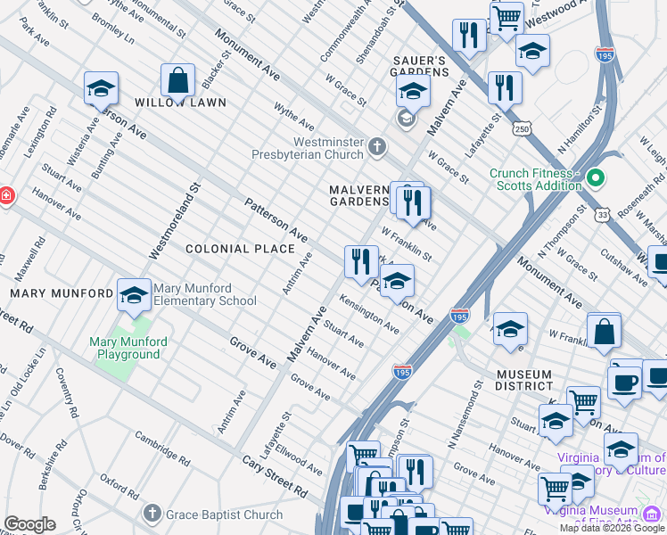 map of restaurants, bars, coffee shops, grocery stores, and more near 4103 Patterson Avenue in Richmond