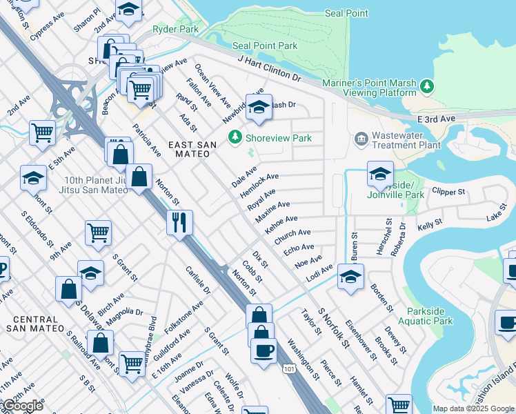 map of restaurants, bars, coffee shops, grocery stores, and more near 1532 Royal Avenue in San Mateo