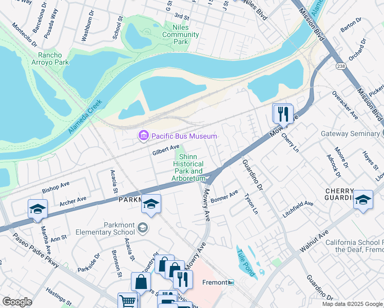 map of restaurants, bars, coffee shops, grocery stores, and more near 1180 Clay Court in Fremont