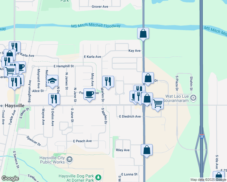 map of restaurants, bars, coffee shops, grocery stores, and more near 237 North Ward Parkway in Haysville