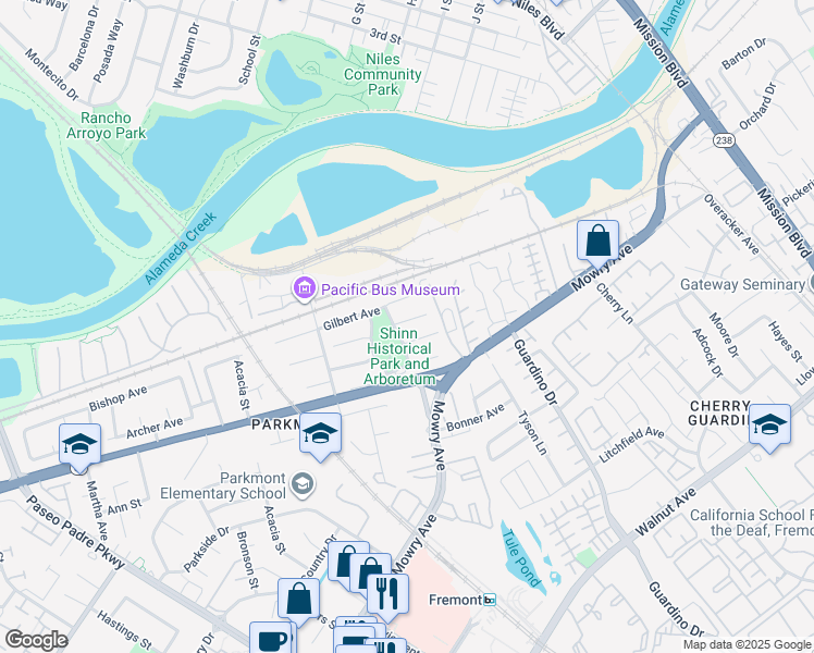 map of restaurants, bars, coffee shops, grocery stores, and more near 1180 Clay Court in Fremont