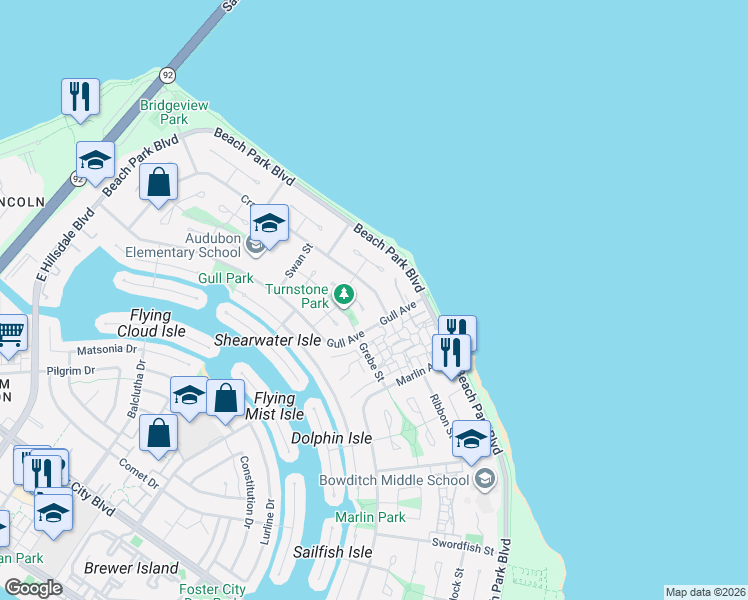 map of restaurants, bars, coffee shops, grocery stores, and more near 980 Crane Avenue in Foster City