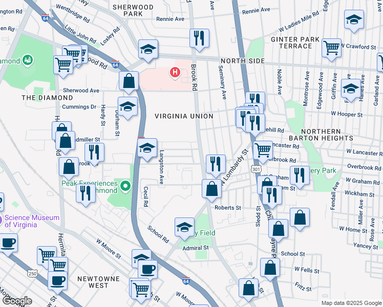map of restaurants, bars, coffee shops, grocery stores, and more near 1211 Dubois Avenue in Richmond