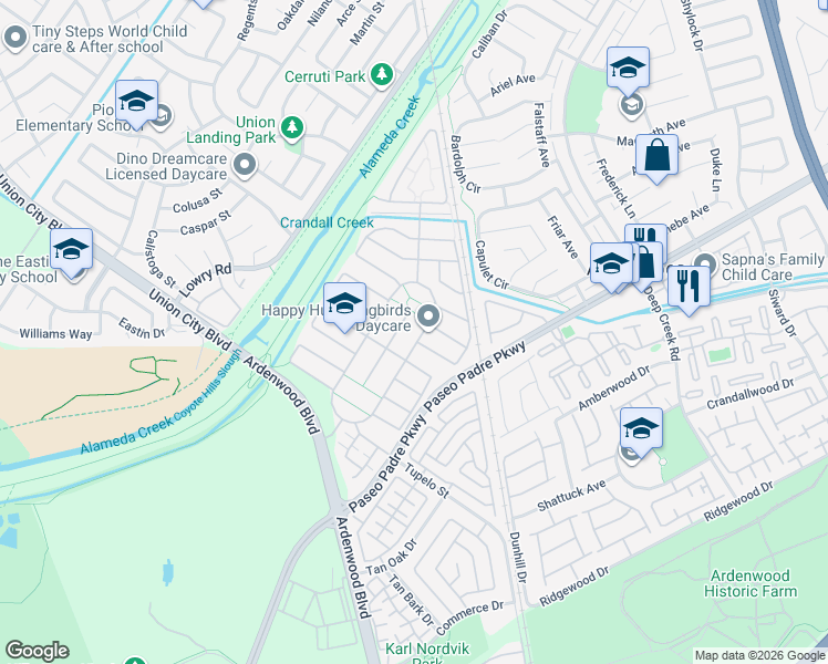 map of restaurants, bars, coffee shops, grocery stores, and more near 5317 Rancho Del Sur Drive in Fremont