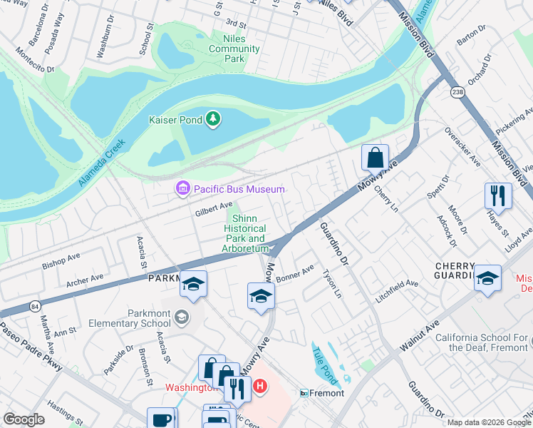 map of restaurants, bars, coffee shops, grocery stores, and more near 1125 Bennett Court in Fremont