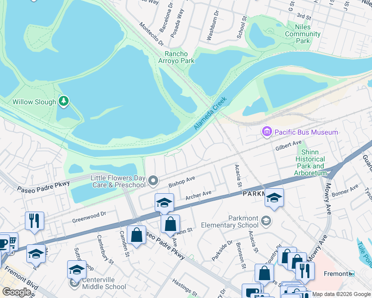 map of restaurants, bars, coffee shops, grocery stores, and more near 37793 Peachtree Court in Fremont