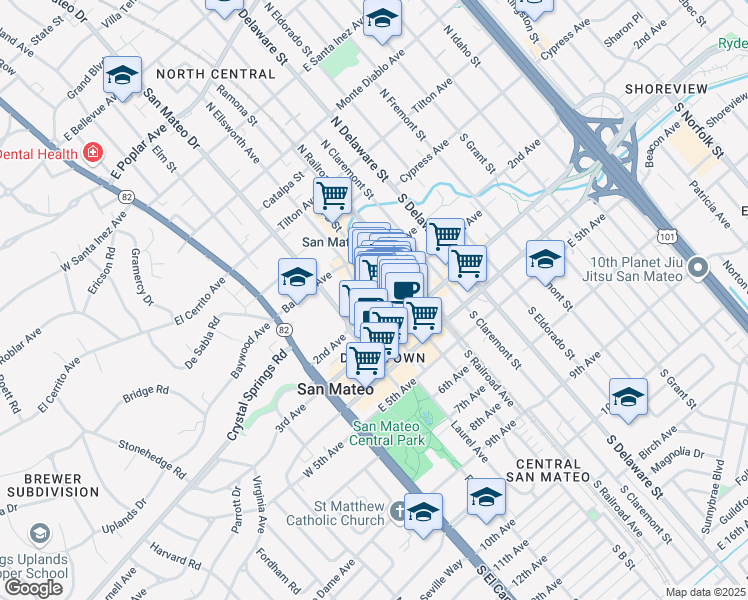 map of restaurants, bars, coffee shops, grocery stores, and more near 212 2nd Avenue in San Mateo