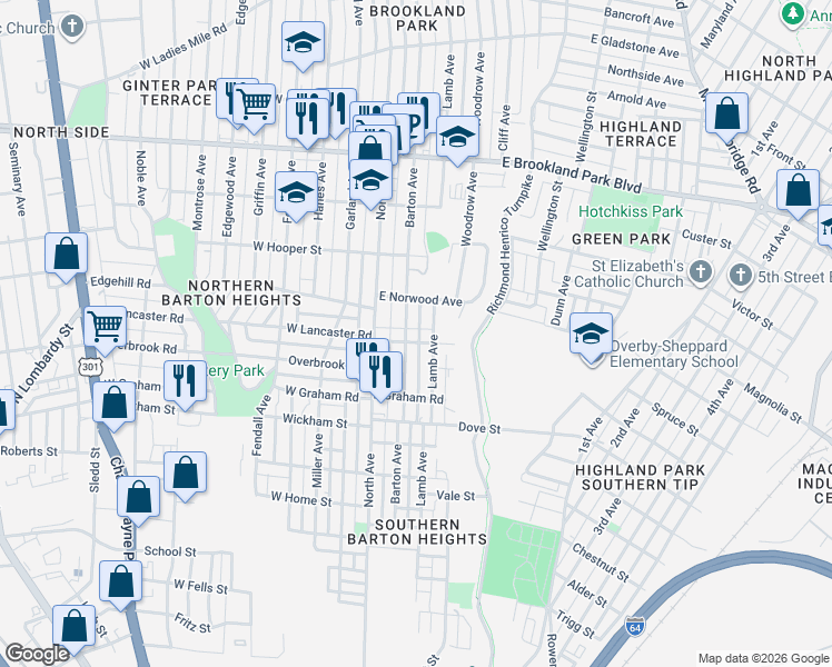map of restaurants, bars, coffee shops, grocery stores, and more near 2603 Barton Avenue in Richmond