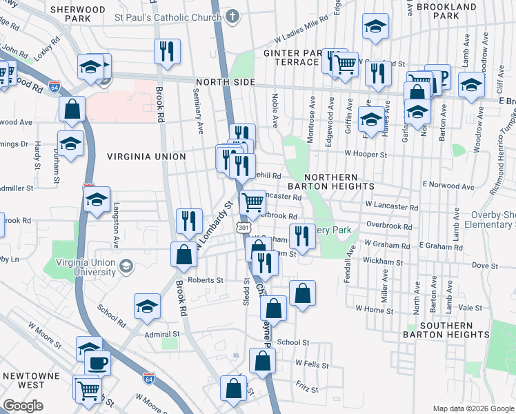 map of restaurants, bars, coffee shops, grocery stores, and more near 814 Overbrook Road in Richmond