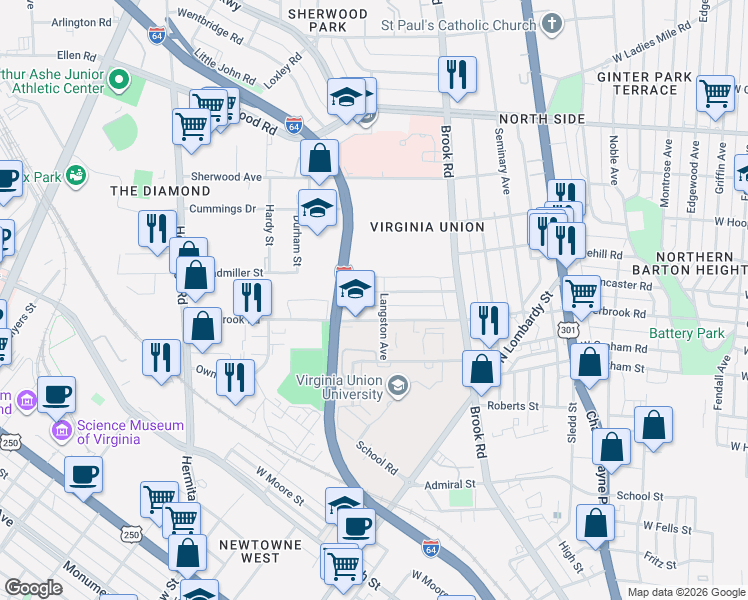map of restaurants, bars, coffee shops, grocery stores, and more near 1303 Dubois Avenue in Richmond