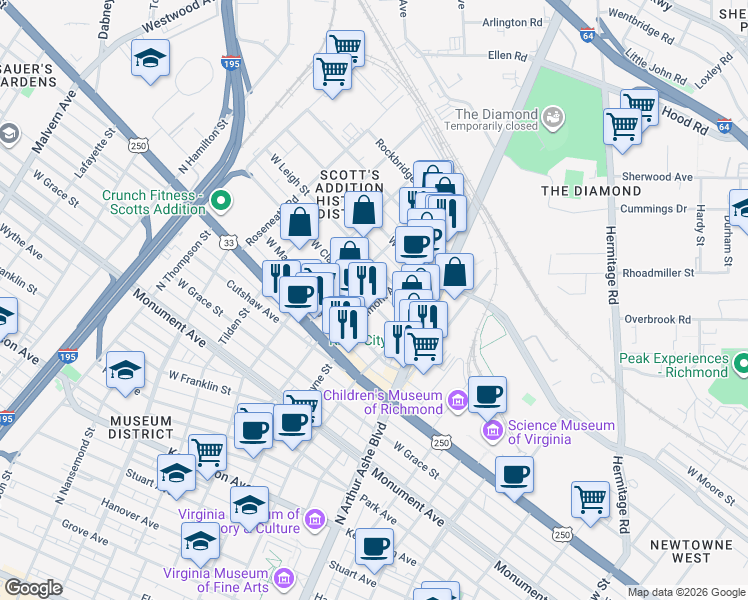 map of restaurants, bars, coffee shops, grocery stores, and more near 3000 West Clay Street in Richmond