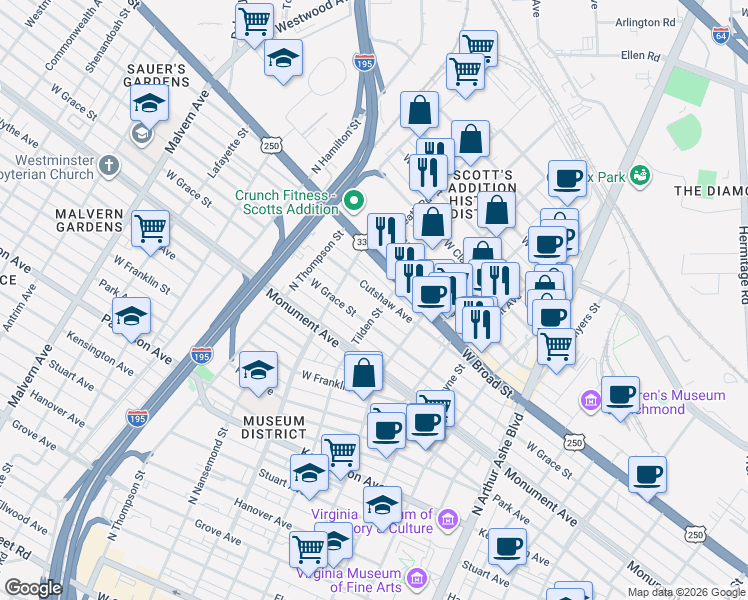 map of restaurants, bars, coffee shops, grocery stores, and more near 3307 Cutshaw Avenue in Richmond