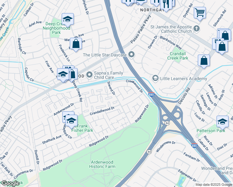 map of restaurants, bars, coffee shops, grocery stores, and more near 34670 Siward Drive in Fremont