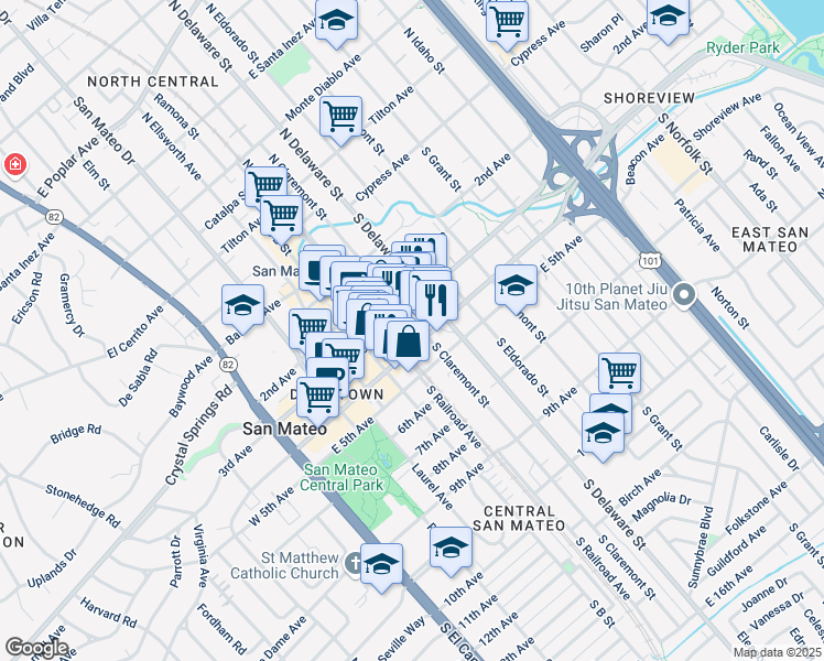 map of restaurants, bars, coffee shops, grocery stores, and more near 314 South Claremont Street in San Mateo