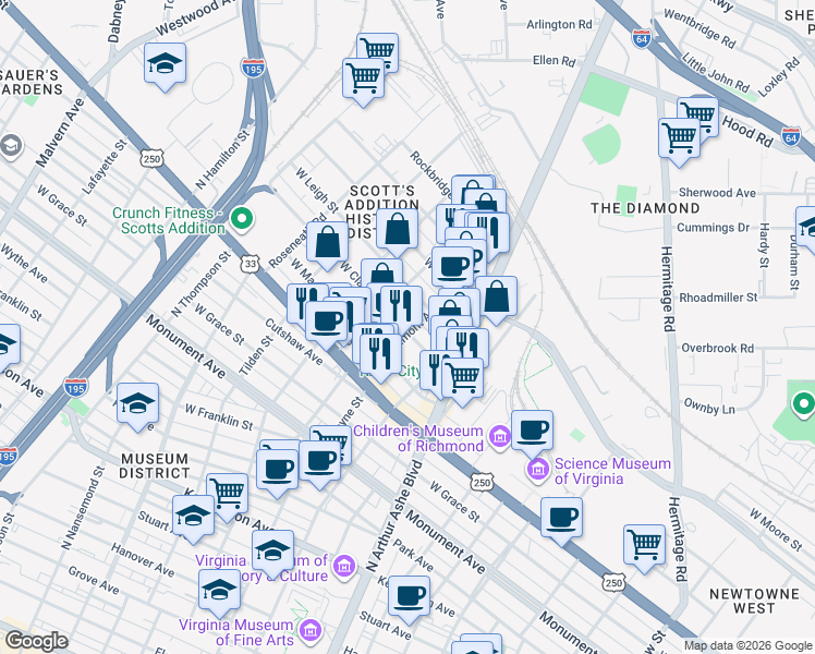 map of restaurants, bars, coffee shops, grocery stores, and more near 3000 West Clay Street in Richmond