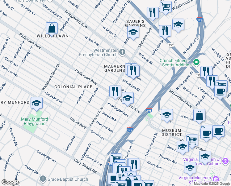 map of restaurants, bars, coffee shops, grocery stores, and more near 4012 Patterson Avenue in Richmond