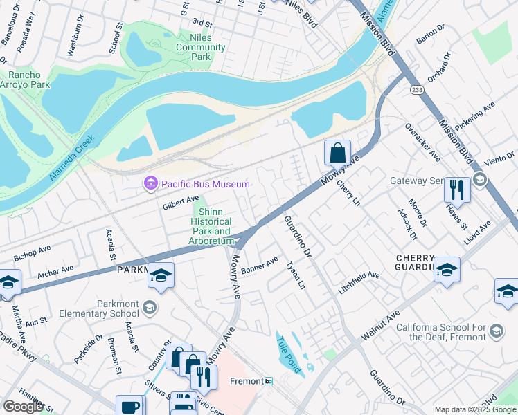 map of restaurants, bars, coffee shops, grocery stores, and more near 38414 Redwood Terrace in Fremont