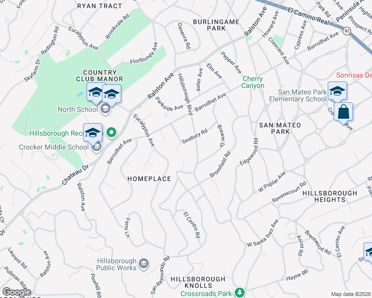 map of restaurants, bars, coffee shops, grocery stores, and more near 925 Seabury Road in Hillsborough