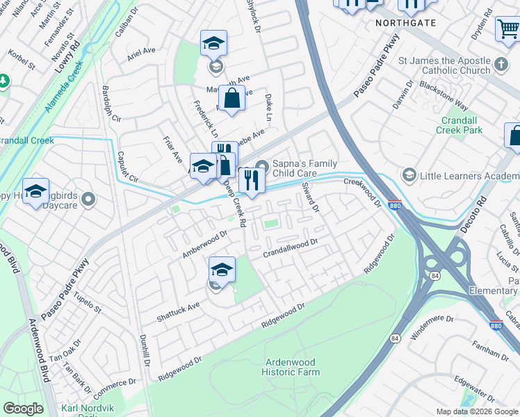 map of restaurants, bars, coffee shops, grocery stores, and more near 4949 Schelbert Terrace in Fremont