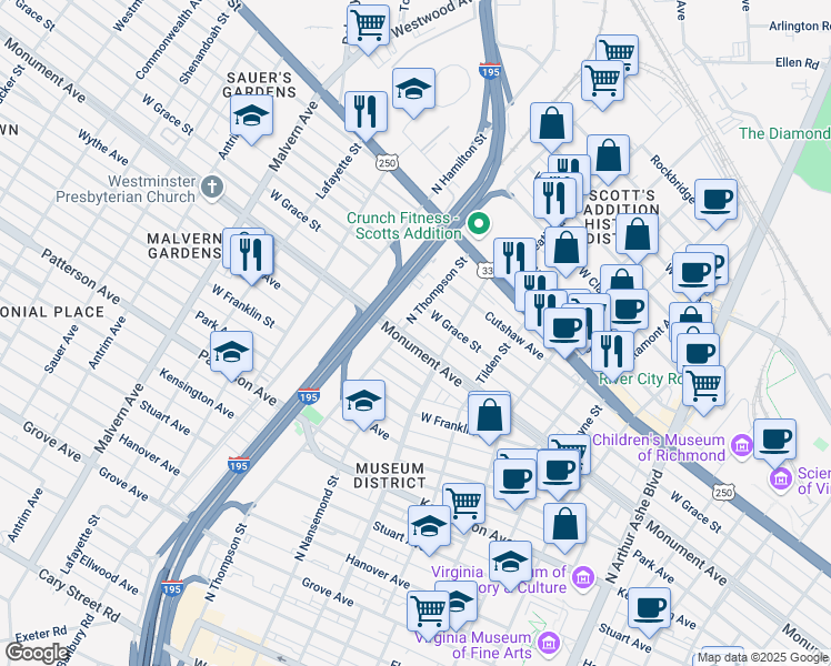 map of restaurants, bars, coffee shops, grocery stores, and more near 3410 Monument Avenue in Richmond