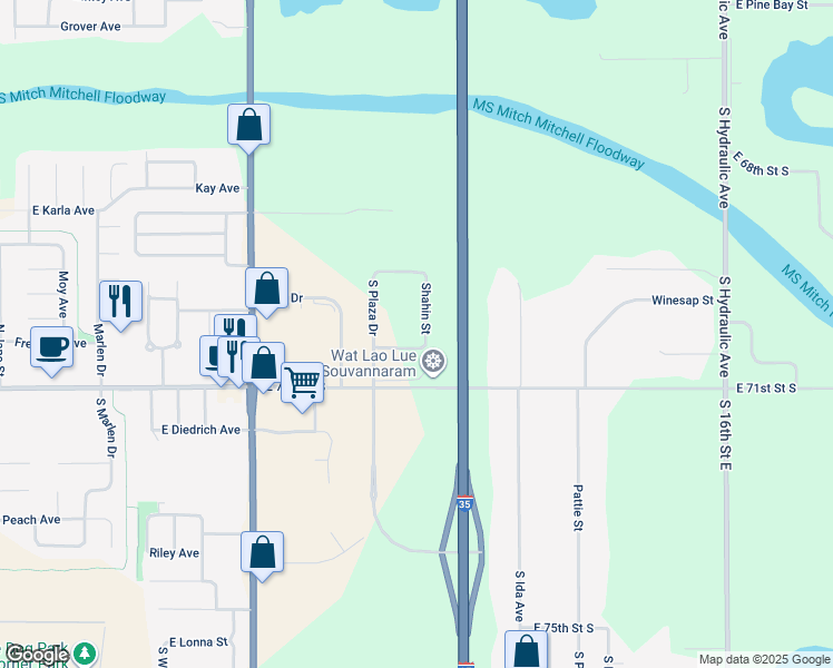 map of restaurants, bars, coffee shops, grocery stores, and more near 7051 Shahin Drive in Haysville