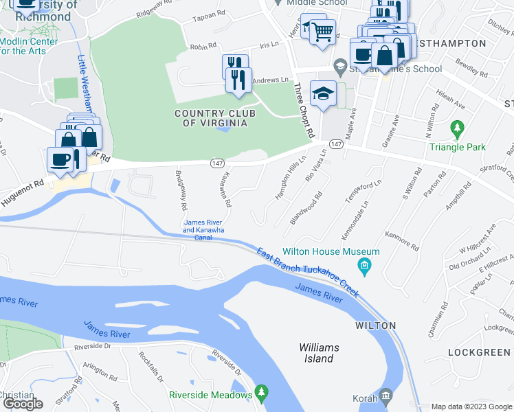map of restaurants, bars, coffee shops, grocery stores, and more near 18 Hampton Hills Lane in Richmond
