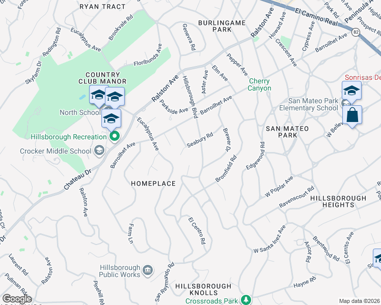 map of restaurants, bars, coffee shops, grocery stores, and more near 925 Seabury Road in Hillsborough