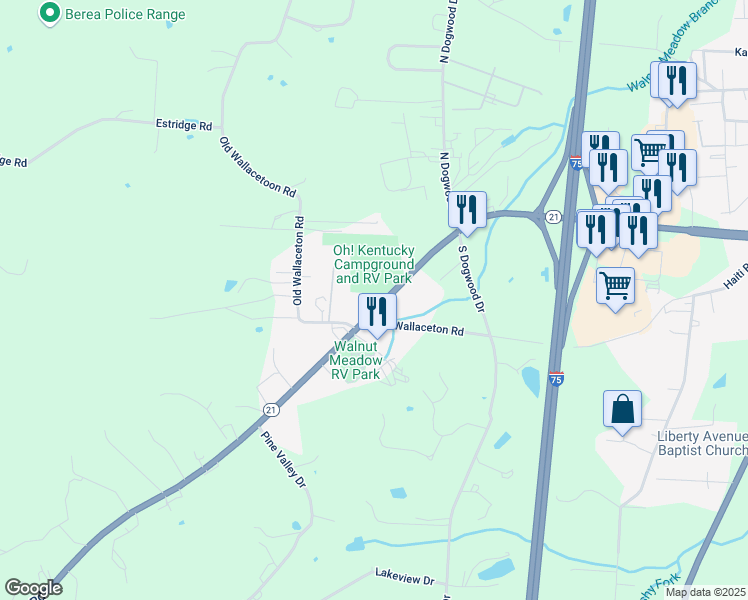 map of restaurants, bars, coffee shops, grocery stores, and more near 591 Paint Lick Road in Berea