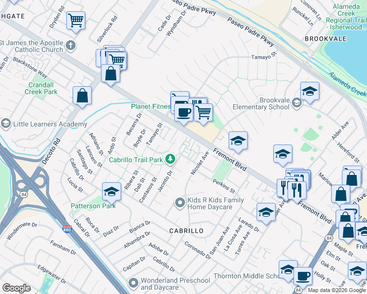map of restaurants, bars, coffee shops, grocery stores, and more near 4063 Grama Terrace in Fremont