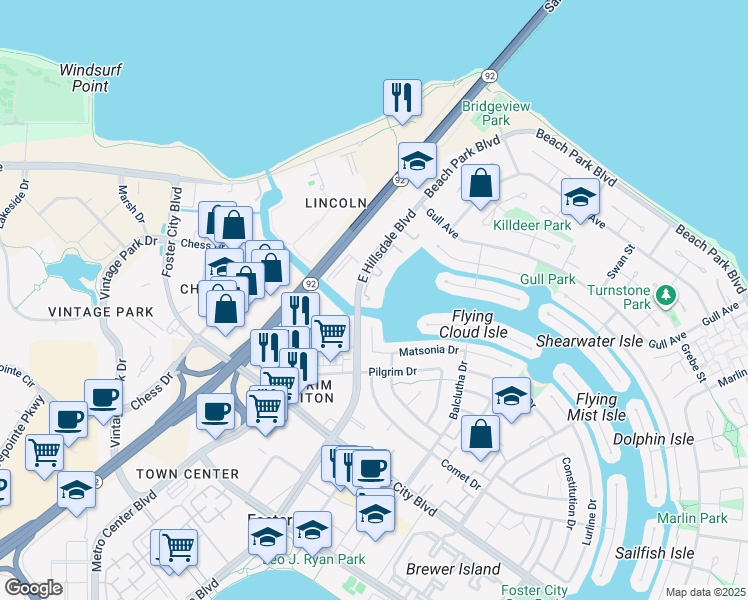 map of restaurants, bars, coffee shops, grocery stores, and more near 1200 East Hillsdale Boulevard in Foster City