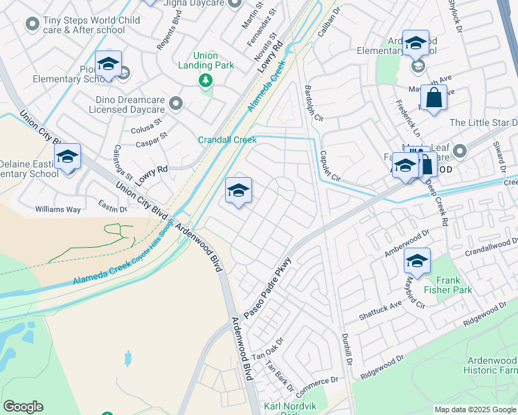 map of restaurants, bars, coffee shops, grocery stores, and more near 5230 Rancho Del Norte Drive in Fremont