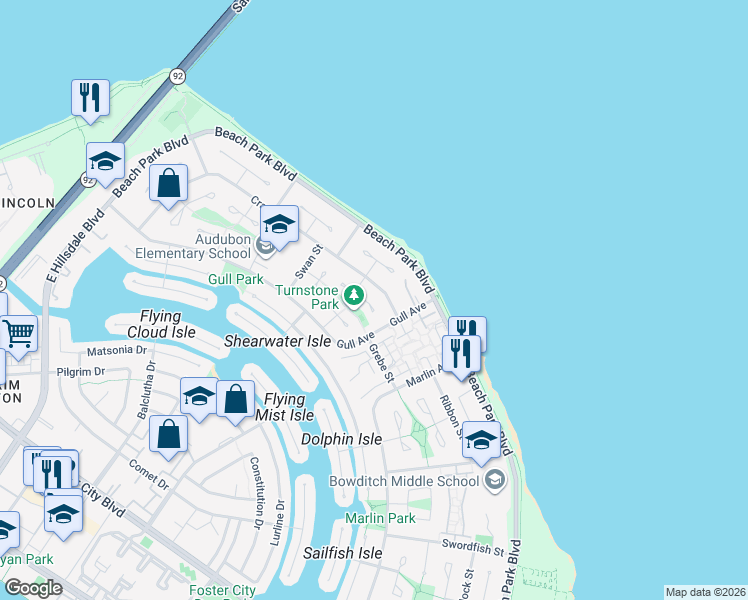 map of restaurants, bars, coffee shops, grocery stores, and more near 224 Loon Court in Foster City