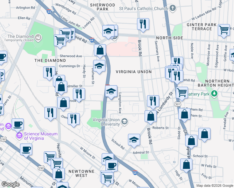 map of restaurants, bars, coffee shops, grocery stores, and more near 1303 Dubois Avenue in Richmond