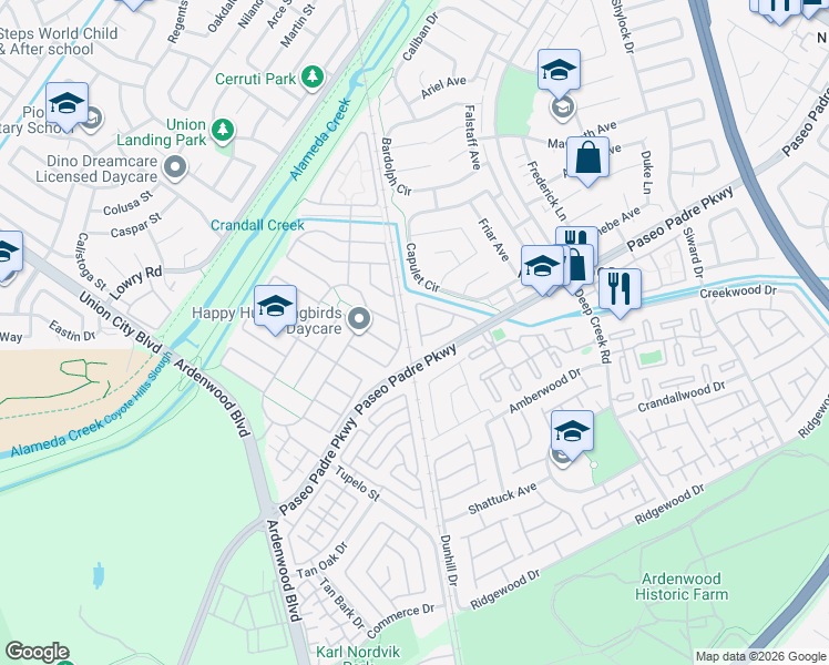 map of restaurants, bars, coffee shops, grocery stores, and more near 34036 Webfoot Loop in Fremont