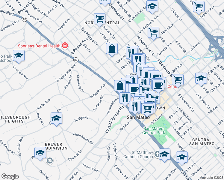 map of restaurants, bars, coffee shops, grocery stores, and more near 24 Baytree Way in San Mateo