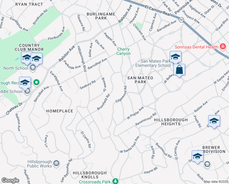map of restaurants, bars, coffee shops, grocery stores, and more near 525 Edgewood Road in San Mateo