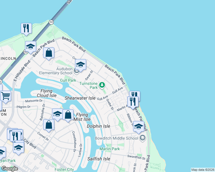 map of restaurants, bars, coffee shops, grocery stores, and more near 224 Loon Court in Foster City