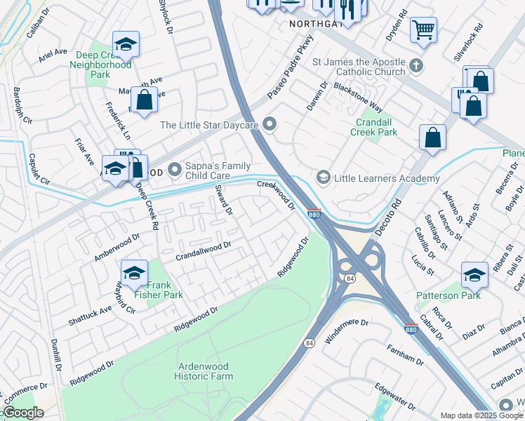 map of restaurants, bars, coffee shops, grocery stores, and more near 4768 Woodduck Common in Fremont