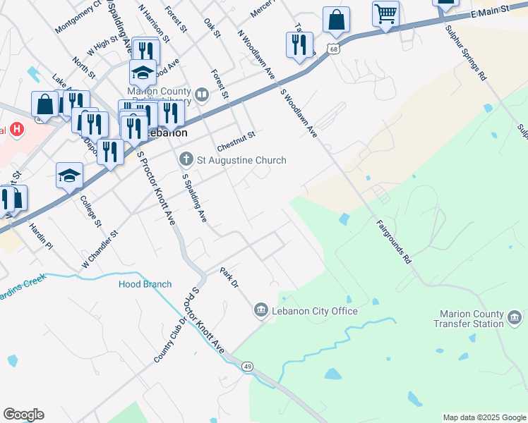 map of restaurants, bars, coffee shops, grocery stores, and more near 298 Rains Hill Street in Lebanon