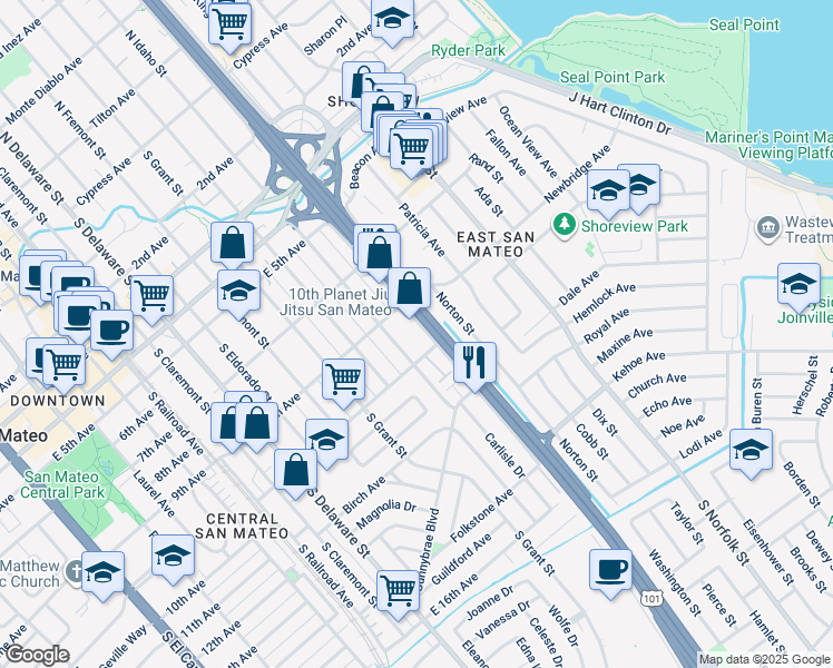 map of restaurants, bars, coffee shops, grocery stores, and more near 940 South Amphlett Boulevard in San Mateo