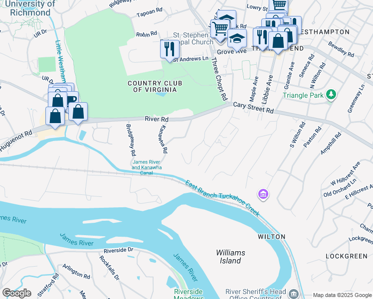 map of restaurants, bars, coffee shops, grocery stores, and more near 18 Hampton Hills Lane in Richmond