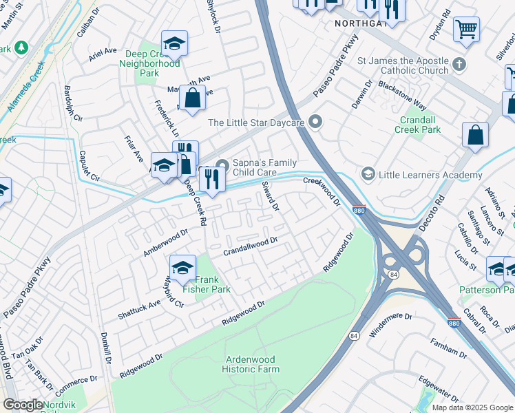 map of restaurants, bars, coffee shops, grocery stores, and more near 34469 Nylander Terrace in Fremont