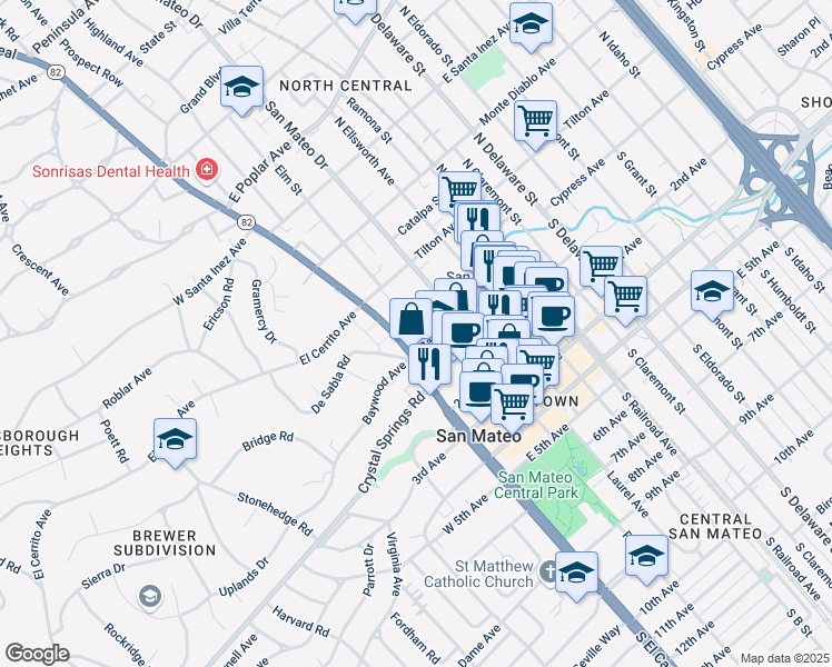 map of restaurants, bars, coffee shops, grocery stores, and more near 1 Baldwin Avenue in San Mateo