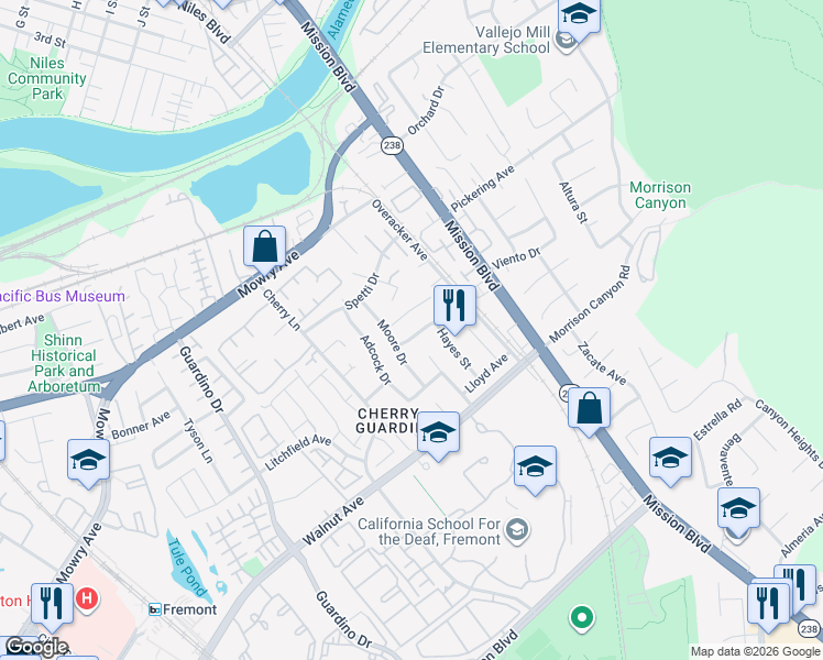 map of restaurants, bars, coffee shops, grocery stores, and more near 265 Mortimer Avenue in Fremont