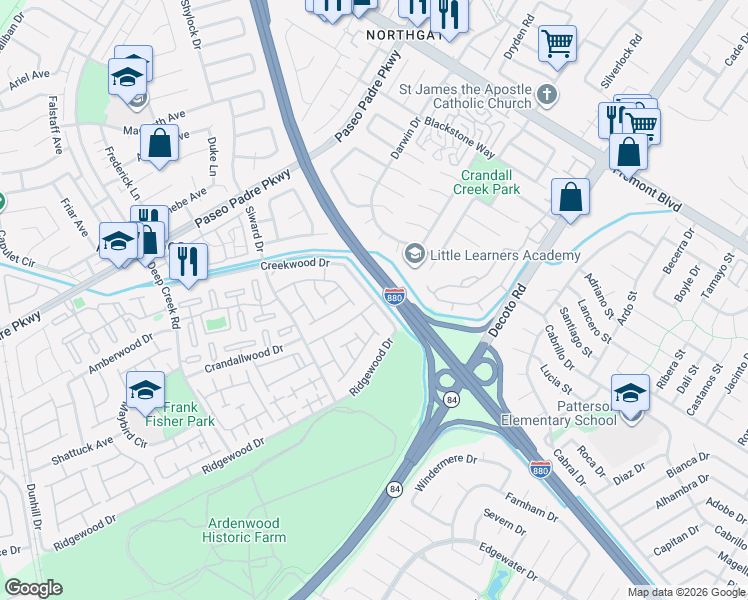map of restaurants, bars, coffee shops, grocery stores, and more near 4669 Mallard Common in Fremont