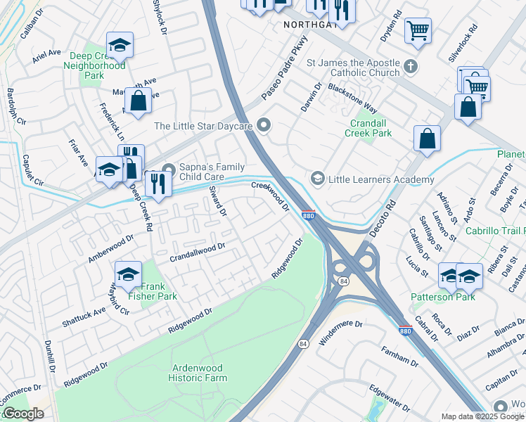map of restaurants, bars, coffee shops, grocery stores, and more near 4768 Woodduck Common in Fremont