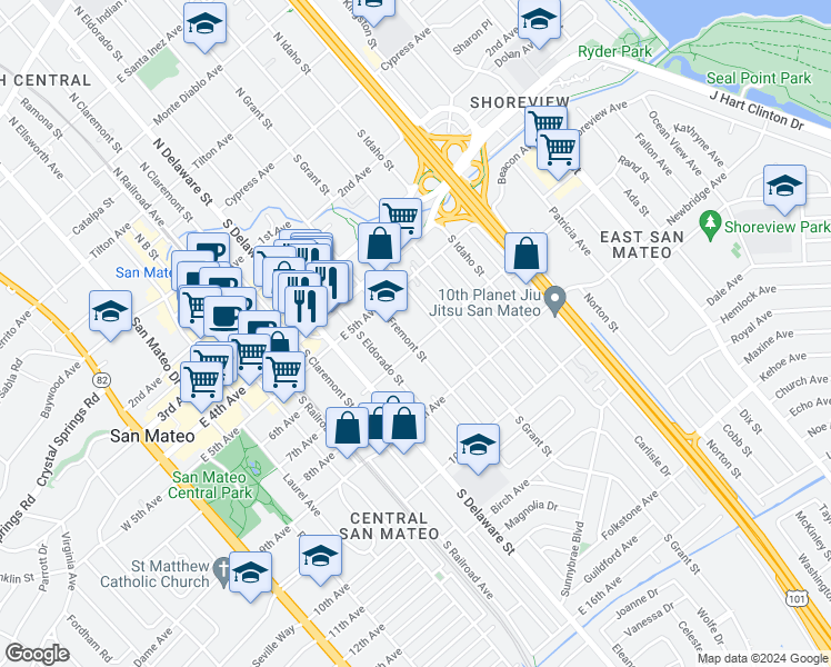 map of restaurants, bars, coffee shops, grocery stores, and more near 610 South Fremont Street in San Mateo